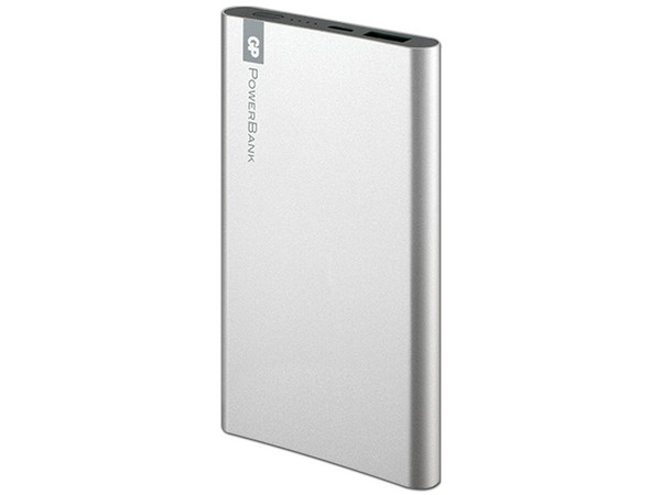 Batería Portátil recargable GP Batteries de 5,000 mAh para Smartphones y Tablets, color Plata.