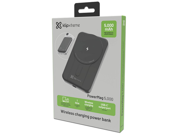 Batería Portátil Klip Xtreme PowerMag 5000 KPB-350 de 5.000 mAh, Carga Inalámbrica, USB Tipo C. Color Negro.
