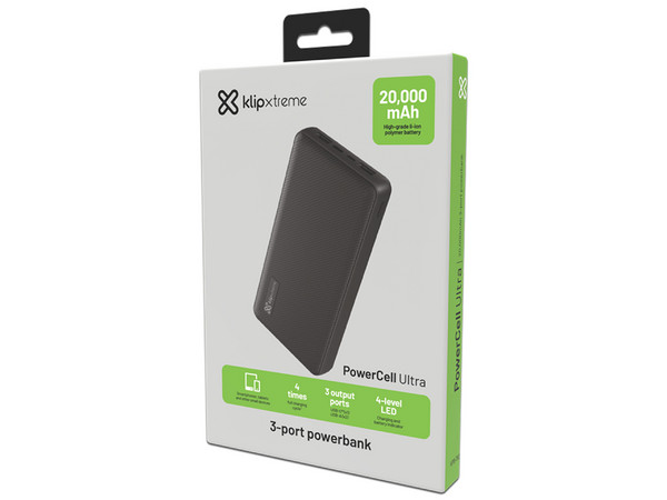 Batería Portátil Klip Xtreme PowerCell Ultra KPB-750 de 20.000 mAh, USB Tipo A, USB Tipo C. Color Negro.