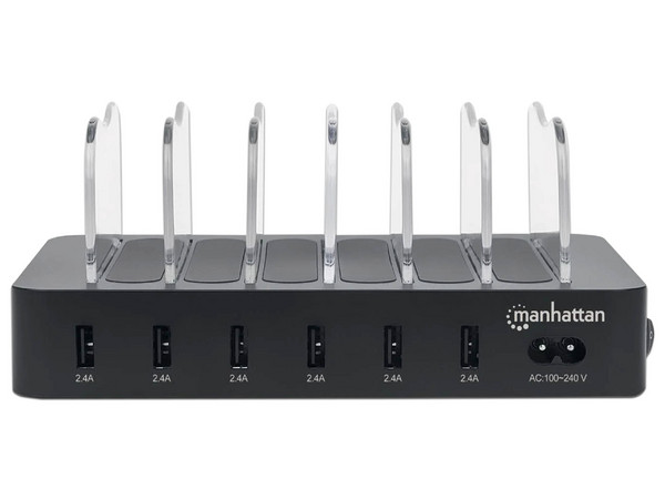 Estación de carga Manhattan con 6 puertos USB, 50W, Color Negro.