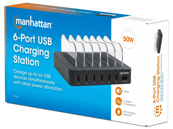 Estación de carga Manhattan con 6 puertos USB, 50W, Color Negro.