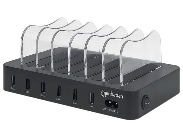 Estación de carga Manhattan con 6 puertos USB, 50W, Color Negro.