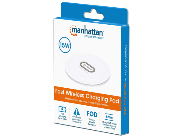 Cargador inalámbrico Manhattan de celular hasta 15 W, Color Blanco.
