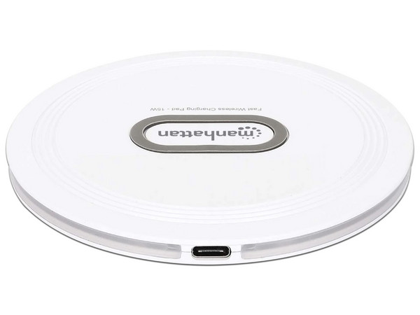 Cargador inalámbrico Manhattan de celular hasta 15 W, Color Blanco.