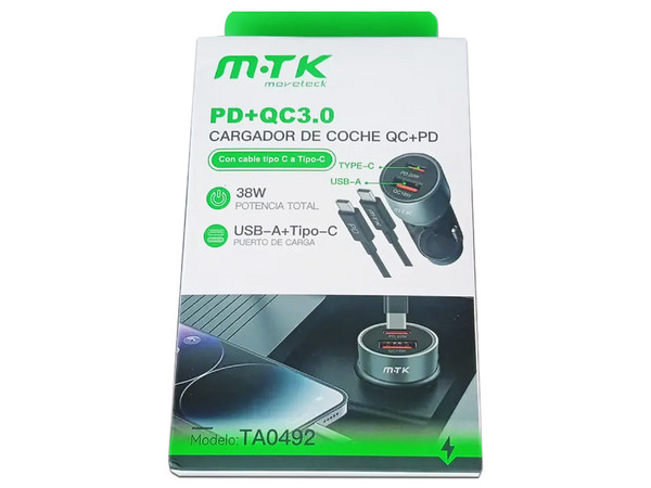 Cargador de Auto MTK 0054929 de 38W, Incluye Cable USB. Color Negro.
