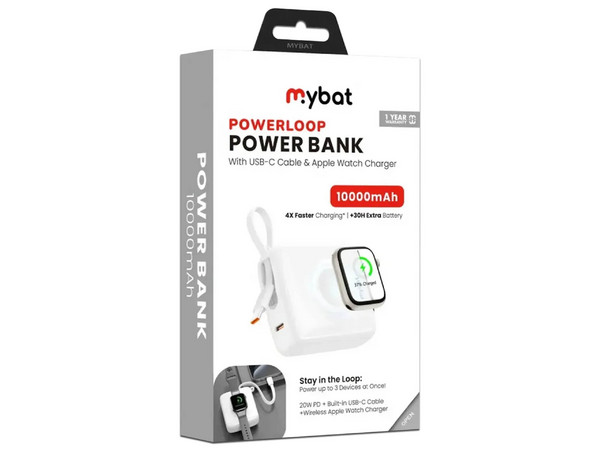 Power Bank MYBAT PowerLoop Mag MPBBAT161 de 10 000 mAh, USB-C, Cable USB-C Integrado. Color Blanco.