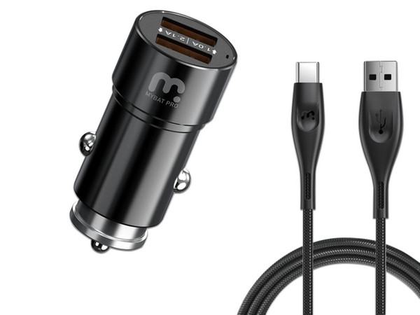 Cargador para Auto MYBAT RCGCARCAMOD01 2 en 1 de 15.5W con USB-C y USB-A Cable de 1.8m. Color Negro.