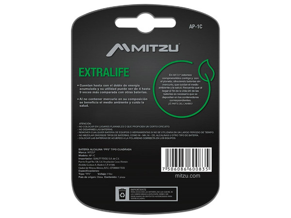 Pila Mitzu ExtraLife AP-1C de 9V, Alcalinas Cuadrada, 250mAh.