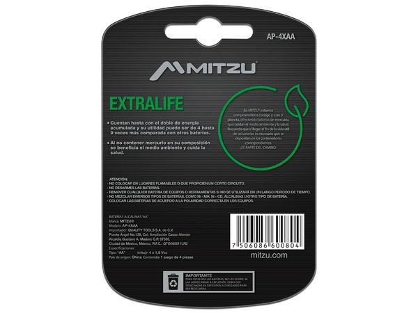 Batería Alcalina Mitzu ExtraLife tamaño AA, de 1.5 Volts, Ni-Cd. (4 piezas).