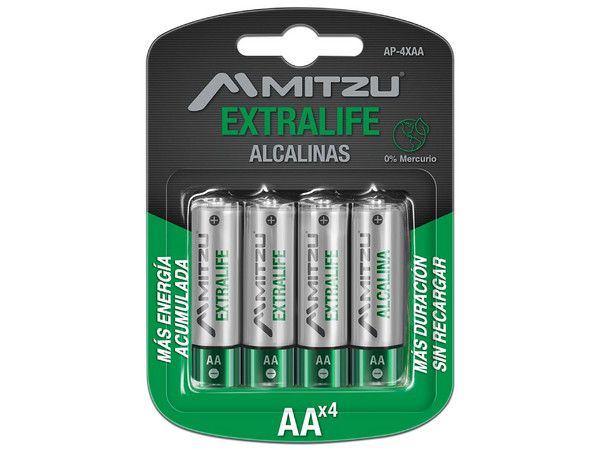 Batería Alcalina Mitzu ExtraLife tamaño AA, de 1.5 Volts, Ni-Cd. (4 piezas).
