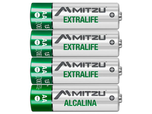 Batería Alcalina Mitzu ExtraLife tamaño AA, de 1.5 Volts, Ni-Cd. (4 piezas).