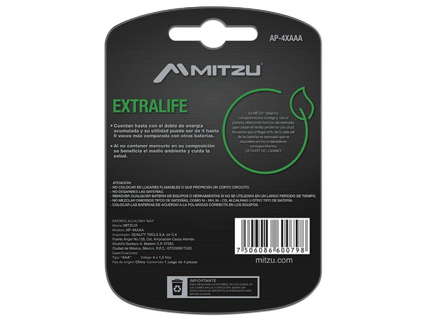 Batería Alcalina Mitzu ExtraLife tamaño AAA, de 1.5 Volts, Ni-Cd. (4 piezas).