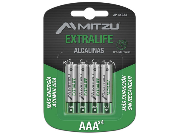 Batería Alcalina Mitzu ExtraLife tamaño AAA, de 1.5 Volts, Ni-Cd. (4 piezas).