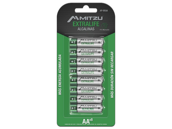 Pilas Alcalinas MITZU ExtraLife AA, Paquete con 8 Piezas de 1.5V.