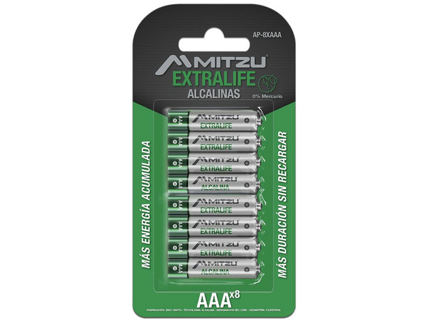 Pilas Alcalinas MITZU ExtraLife AAA, Paquete con 8 Piezas de 1.5V.