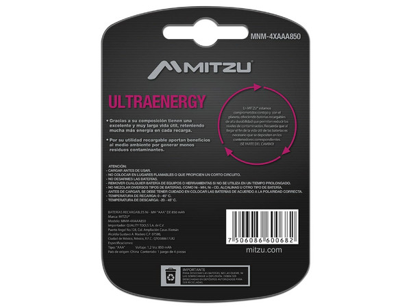 Batería Recargable Mitzu UltraEnergy tamaño AAA, de 1.5 Volts, de 850 mAh, Ni-MH. (4 piezas).