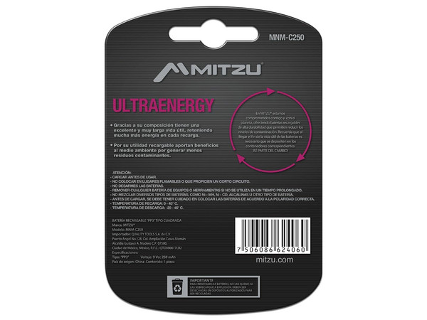 Batería Recargable Mitzu UltraEnergy Cuadrada de 9 Volts, de 250 mAh, Ni-MH.