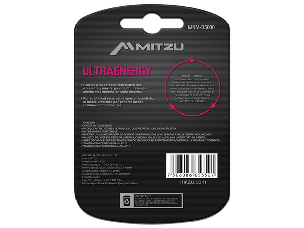 Batería Recargable Mitzu UltraEnergy tamaño D, de 1.2 Volts, de 5000 mAh, Ni-MH. (2 piezas).