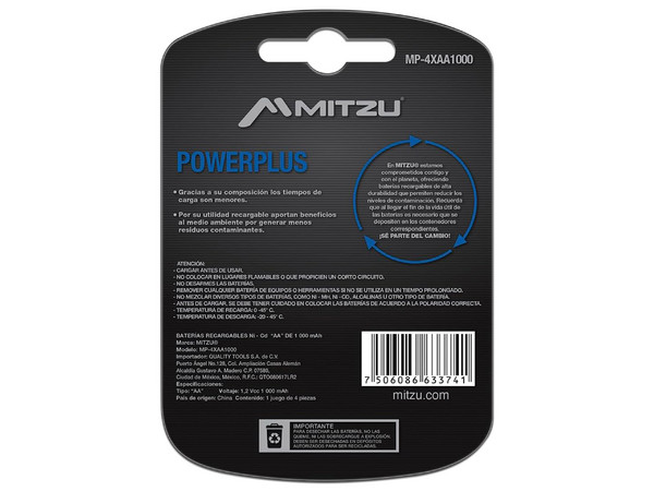 Batería Recargable Mitzu PowerPlus tamaño AA, de 1.2 Volts, de 1000 mAh, Ni-Cd. (4 piezas).