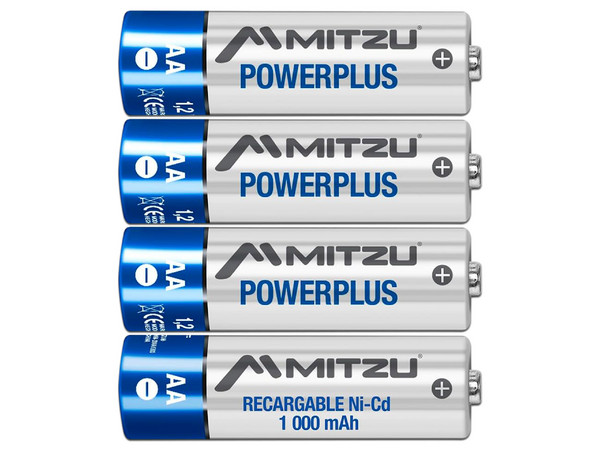 Batería Recargable Mitzu PowerPlus tamaño AA, de 1.2 Volts, de 1000 mAh, Ni-Cd. (4 piezas).