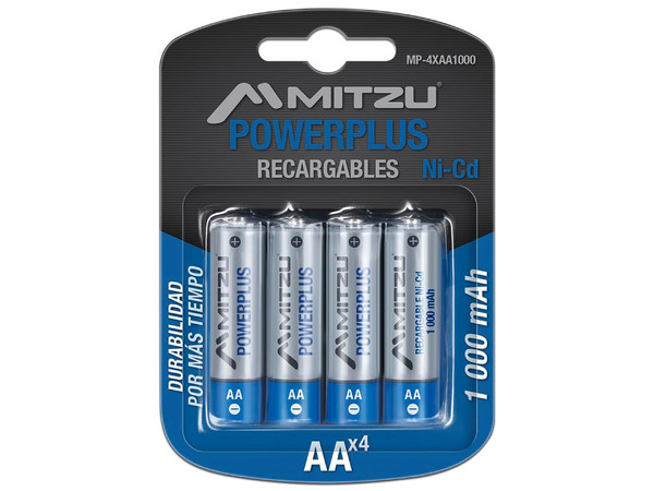Batería Recargable Mitzu PowerPlus tamaño AA, de 1.2 Volts, de 1000 mAh, Ni-Cd. (4 piezas).