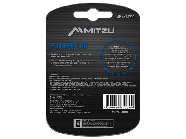 Batería Recargable Mitzu PowerPlus tamaño AA, de 1.5 Volts, de 700 mAh, Ni-Cd. (4 piezas).