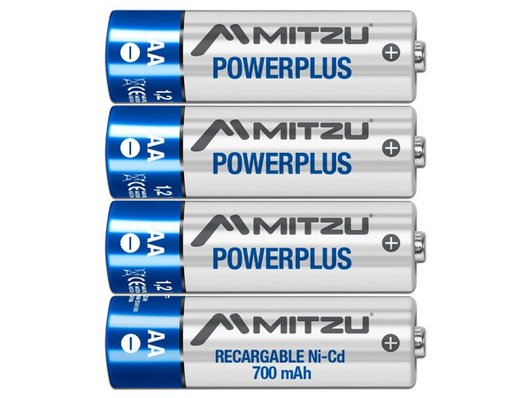Batería Recargable Mitzu PowerPlus tamaño AA, de 1.5 Volts, de 700 mAh, Ni-Cd. (4 piezas).