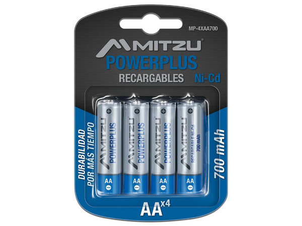 Batería Recargable Mitzu PowerPlus tamaño AA, de 1.5 Volts, de 700 mAh, Ni-Cd. (4 piezas).