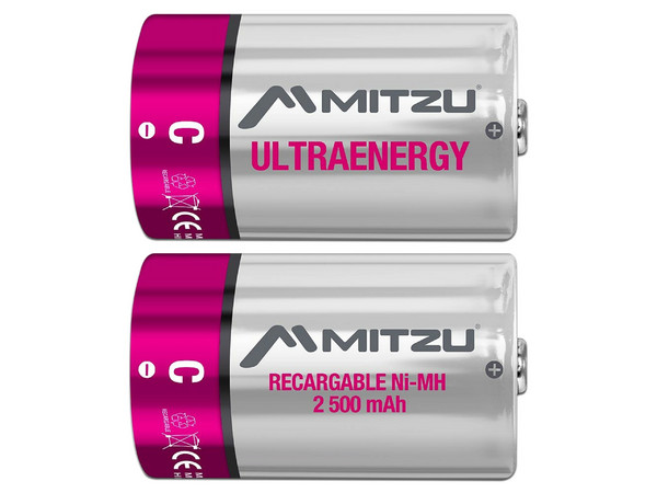 Batería Recargable Mitzu UltraEnergy tamaño C, de 1.2 Volts, de 2500 mAh, Ni-MH. (2 piezas).