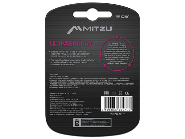 Batería Recargable Mitzu UltraEnergy tamaño C, de 1.2 Volts, de 2500 mAh, Ni-MH. (2 piezas).