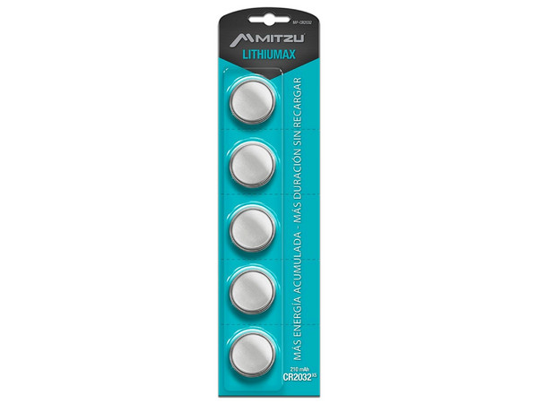 Batería Mitzu LithiuMax tipo Botón CR2032, de 3 Volts, de 150 mAh, Litio. (5 piezas).