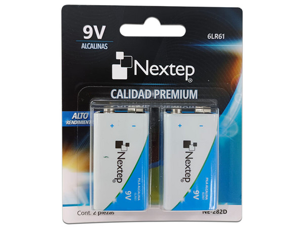Pilas 9V alcalinas cuadradas Nextep 6LR61, paquete con 2 piezas, modelo NEX-NE-282D.