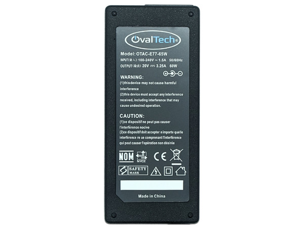 Cargador Para Laptop OvalTech OTAC-E77-65W, 20V/3.25A, USB, 60W. Color Negro.