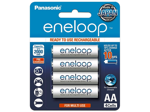 Batería Recargable Panasonic Eneloop AA. 2000 mAh, Paquete de 4 baterías.