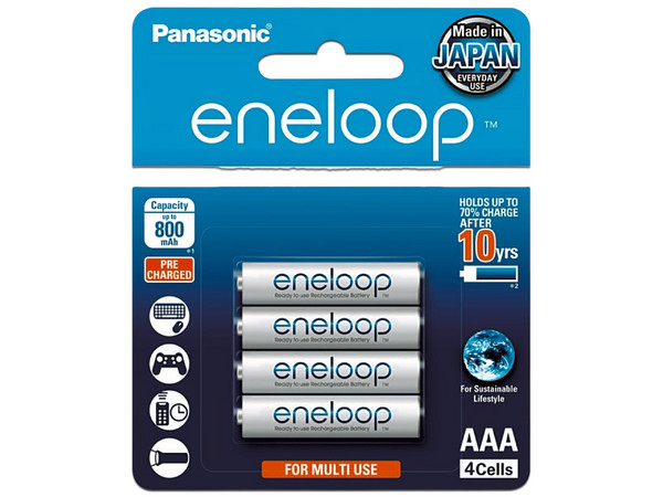 Batería Recargable Panasonic Eneloop AAA. 800 mAh, Paquete de 4 baterías.