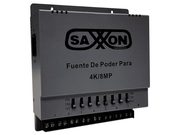 Fuente de poder regulable SAXXON PSU1208A-4K, Conexión hasta 8 canales, Voltaje ajustable, Instalación en pared.