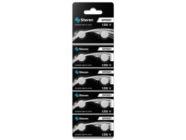 Pilas Tipo Botón Steren SR921 de 22mAh, 1.55 V, Oxido de Plata, 22mAh, Contiene 10 Piezas.