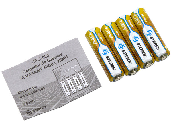Cargador de Baterías AA, AAA y 9V, incluye 4 báterias AA.