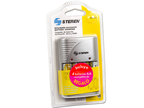 Cargador de Baterías AA, AAA y 9V, incluye 4 báterias AA.