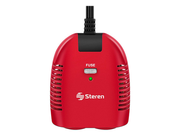 Inversor de Corriente Steren INV-150 para automóvil, 2 contactos de 3 polos, USB, 150W, 100 - 120 Vca. Color Rojo
