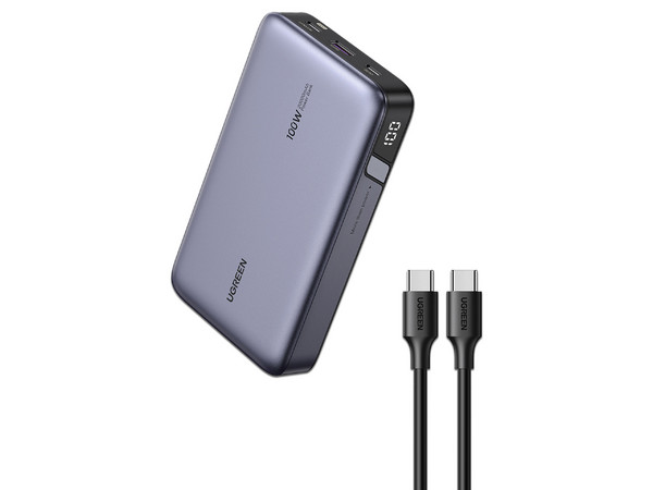 Power Bank 20000mAh, 3 Salidas 100W Máx. (USB-A + 2 USB-C), PD 3.0, QC3.0, FCP, SCP, Pantalla Inteligente, Carcasa Ignífuga, Gris, Incluye Cable USB 50cm.