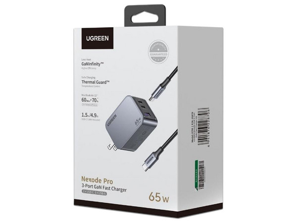 Cargador de 65W UGREEN Nexode Pro con 3 Puertos de Carga Rápida, 2 USB-C y 1 USB-A en Caja de Aluminio.
