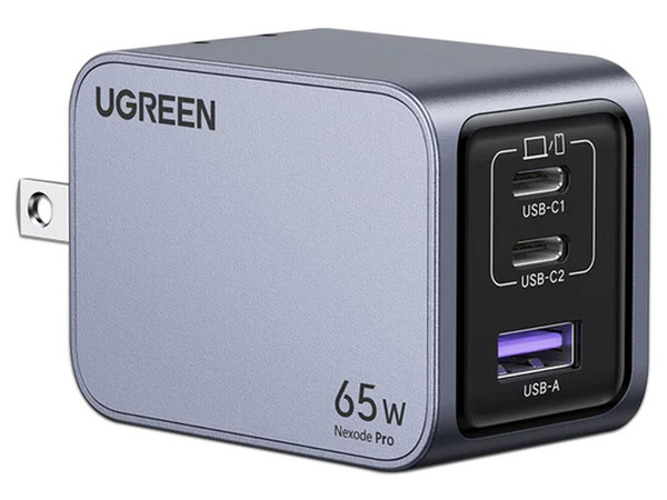 Cargador de 65W UGREEN Nexode Pro con 3 Puertos de Carga Rápida, 2 USB-C y 1 USB-A en Caja de Aluminio.
