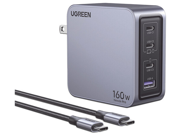 Cargador 160W Serie Nexode Pro, 4 Puertos De Carga Rápida, 3 USB-C, 1 USB-A, GaNInfinity, PD3.1 140W, QC4.0, Protección Térmica, Caja De Aluminio, Incluye Cable.