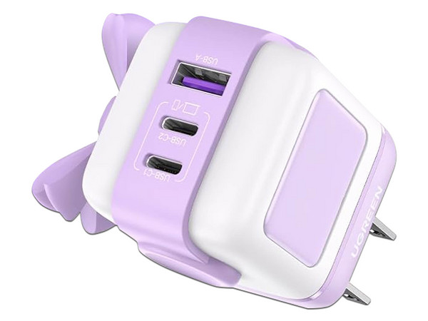 Cargador de Pared UGREEN RobotGaN de 65W, 1 Puerto USB Tipo A, 2 Puertos USB Tipo C, Zapato Magnético Extraíble, Color Morado.