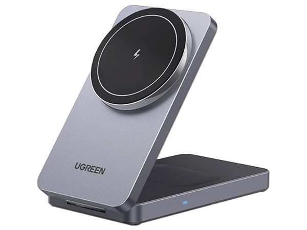 Cargador Inalámbrico UGREEN 45056 2 en 1, 20W, Tecnología Qi2 15W Certificada,  Carga Simultánea. Ángulo Ajustable. Color Gris.