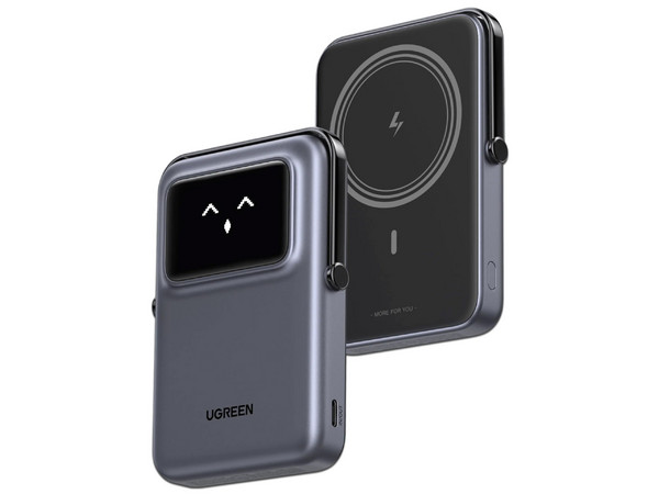 Batería Portátil Power Bank UGREEN UNO de 10000mAh, Carga Inalámbrica, USB-C, Pantalla TFT Inteligente. Color Gris.