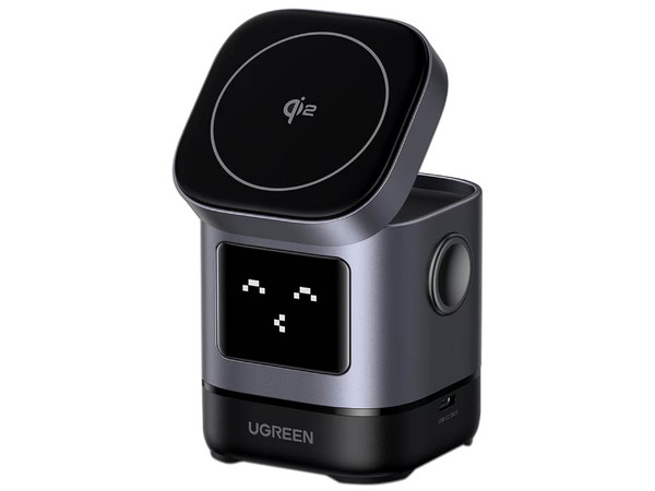 Cargador Inalámbrico UGREEN 45775, hasta 15W para iPhone, Compatible con AirPods, Pantalla Inteligente con Expresiones. Color Negro.