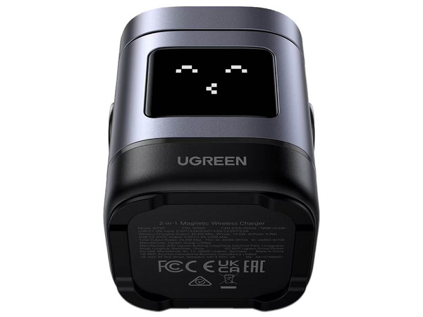 Cargador Inalámbrico UGREEN 45775, hasta 15W para iPhone, Compatible con AirPods, Pantalla Inteligente con Expresiones. Color Negro.