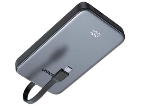 Power Bank UGREEN 75161B de 10.000mAh, Cable integrado de 20W Tipo C, 1 Puerto USB Tipo A. Color Gris.